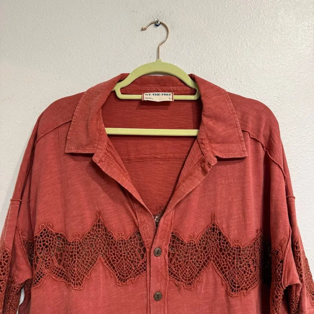Free People We The Free Luca Tee Rust Crochet Lace Oversized Top Sz S